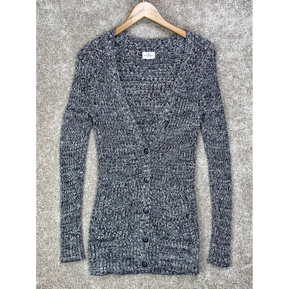 American Eagle Marled Chunky Knit Cardigan Sweater Womens S Black White Layering